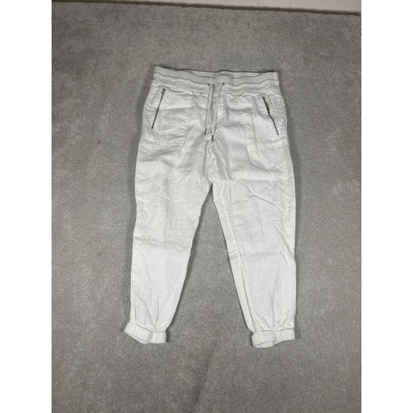 Athleta Cabo Linen Joggers White Drawstring Pockets Casual Pants Size 14 Petite - Picture 1 of 11